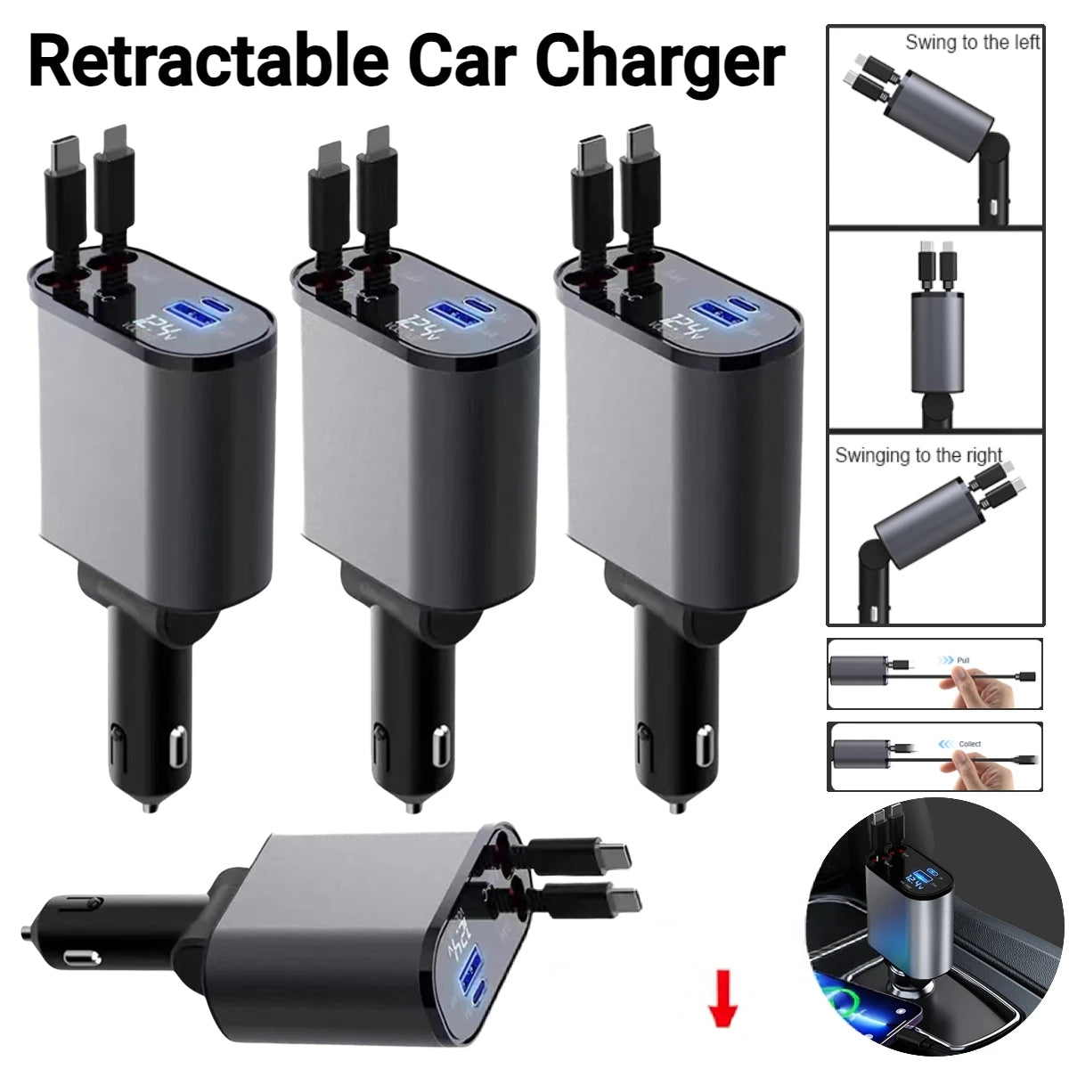 120W 4-in-1 Retractable Car Charger