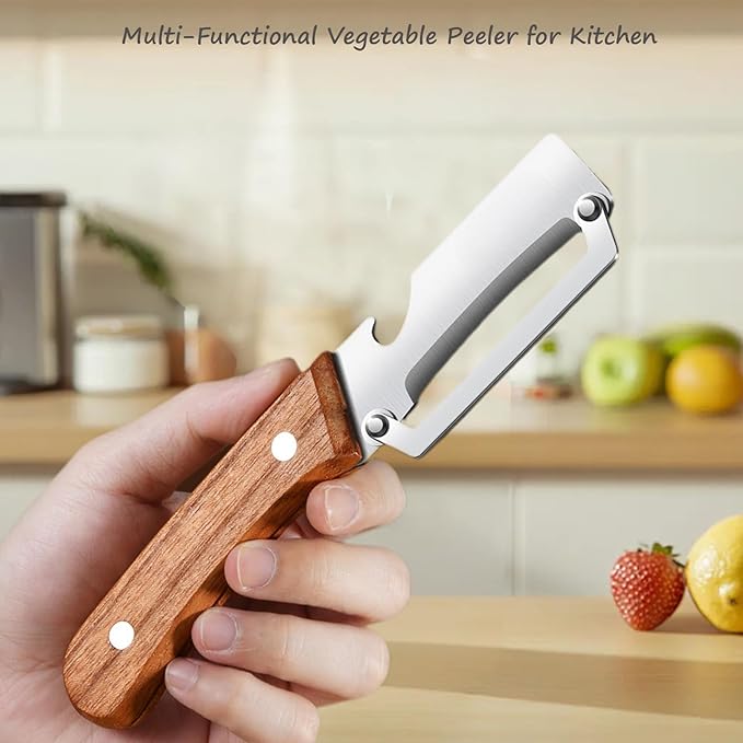 Multi-Functional 3-in-1 Kitchen Peeler & Bottle Opener with Wooden Handle