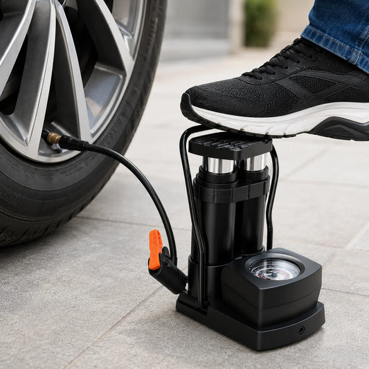 Double Cylinder Foot Pump with Pressure Gauge – Heavy-Duty High-Pressure Tyre Inflator for Car, Bike & Motorcycle