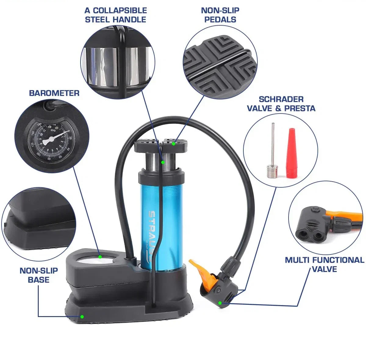 Foot & Hand Air Pump with Built-in Air Pressure Gauge