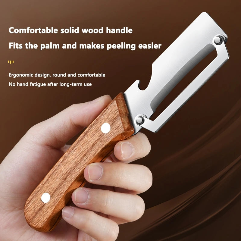 Multi-Functional 3-in-1 Kitchen Peeler & Bottle Opener with Wooden Handle