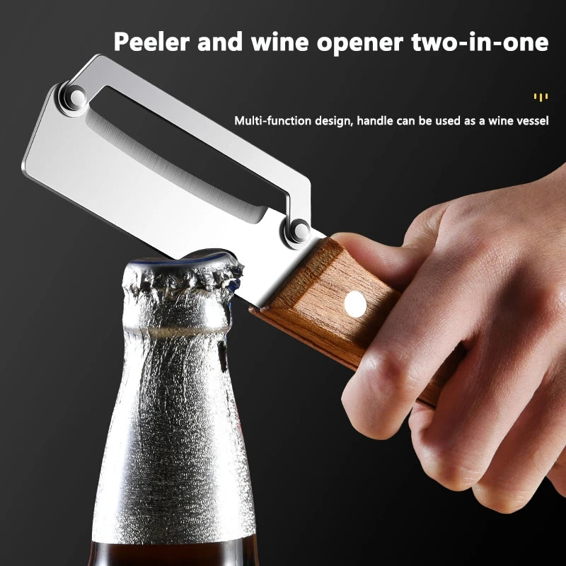 Multi-Functional 3-in-1 Kitchen Peeler & Bottle Opener with Wooden Handle