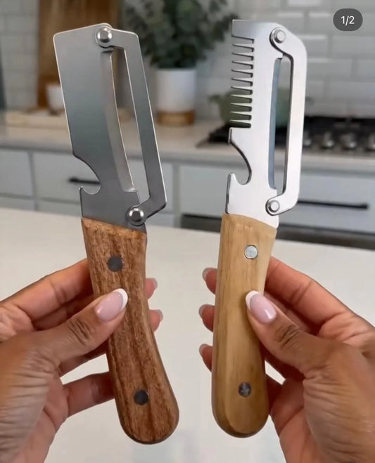 Multi-Functional 3-in-1 Kitchen Peeler & Bottle Opener with Wooden Handle