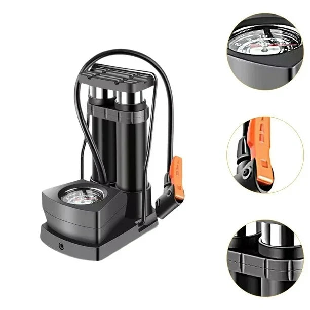 Double Cylinder Foot Pump with Pressure Gauge – Heavy-Duty High-Pressure Tyre Inflator for Car, Bike & Motorcycle