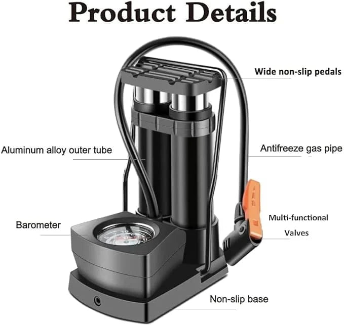 Double Cylinder Foot Pump with Pressure Gauge – Heavy-Duty High-Pressure Tyre Inflator for Car, Bike & Motorcycle