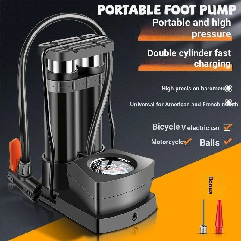 Double Cylinder Foot Pump with Pressure Gauge – Heavy-Duty High-Pressure Tyre Inflator for Car, Bike & Motorcycle