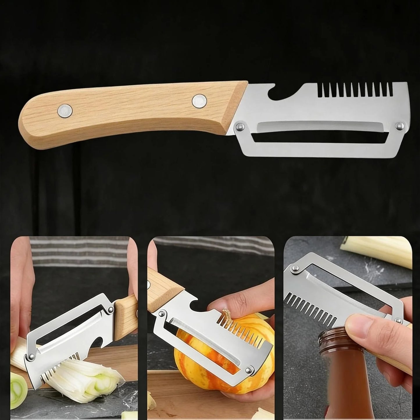 Multi-Functional 3-in-1 Kitchen Peeler & Bottle Opener with Wooden Handle